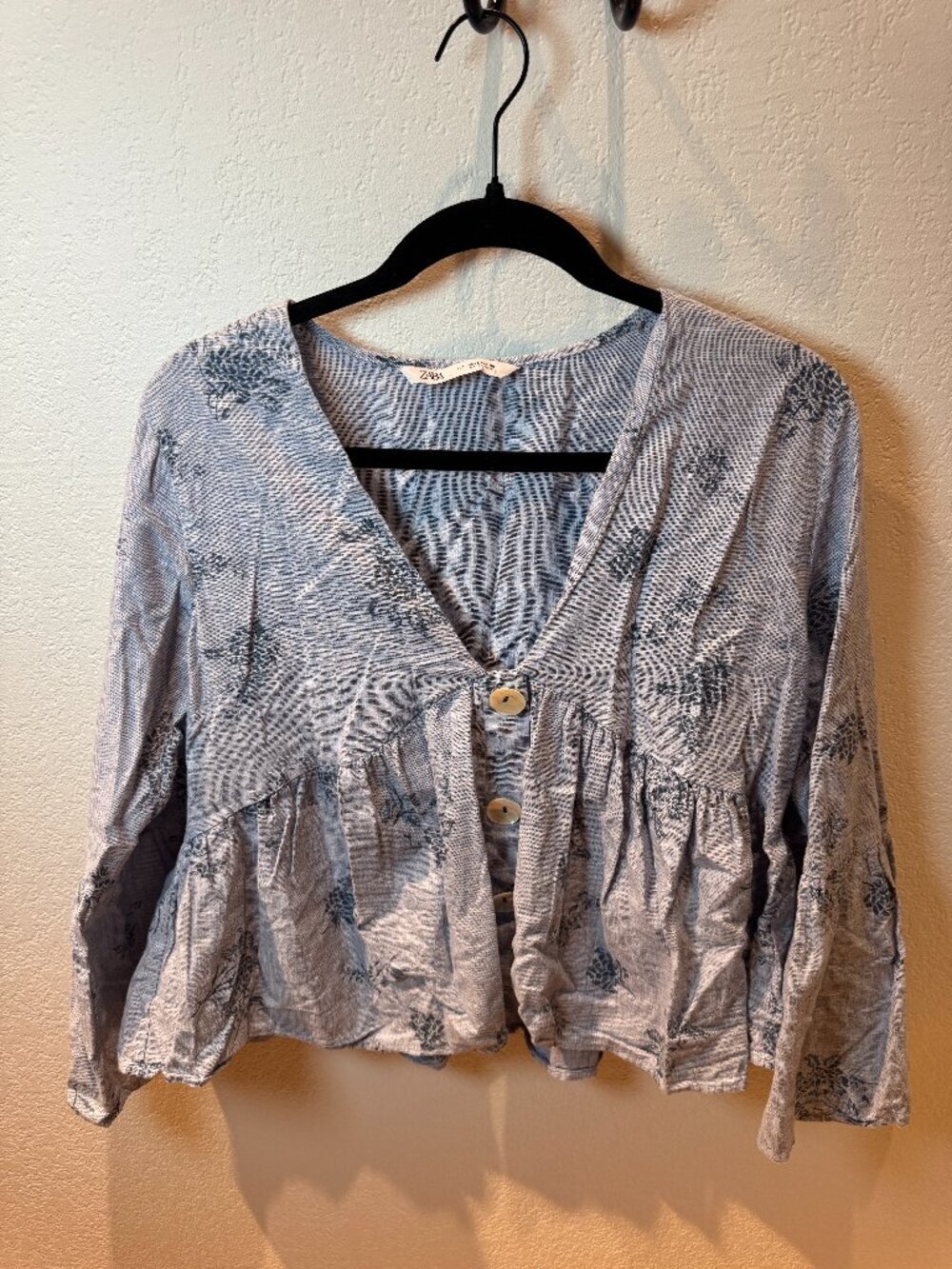 Zara Blue Floral Print Peplum Top Bell Sleeve Sz L